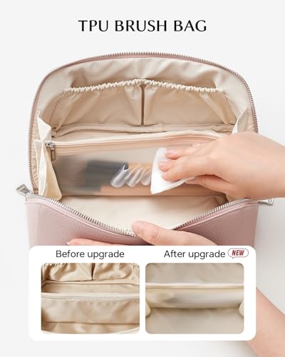 Image of EACHY Travel Makeup Bag, Lychee Large Capacity Cosmetic Bag for Women, Open Flat Toiletry Bag with TPU Brush Compartment, Waterproof Skincare Organizer Travel Essentials (AI-Ash Pink, Medium)