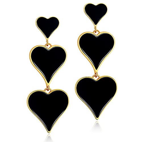 D.rosse Chic Green Enamel Heart Stud Earrings Post Gold Red Interlocking Heart Drop Dangle Earrings For Women Girls Christmas Valentine’s Day Gift (Black) #TOP2