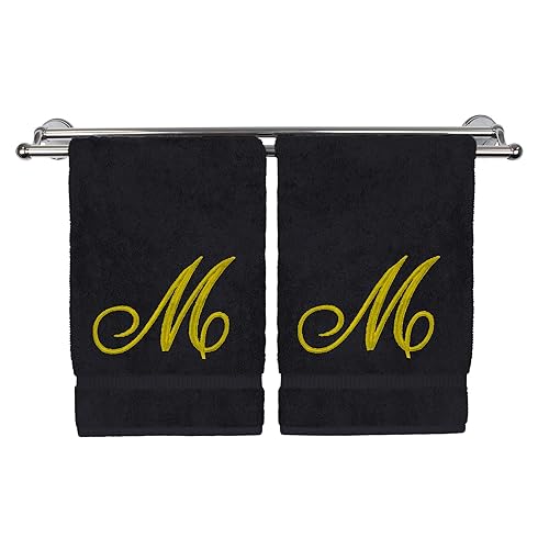 Monogrammed Hand Towel, Personalized Gift, 16 x 30 Inches - Extra Absorbent 100% Turkish Cotton- Soft Terry Finish - for Bathroom, Kitchen and Spa - Set of 2 Gold Script Embroidered Towel M on Black
