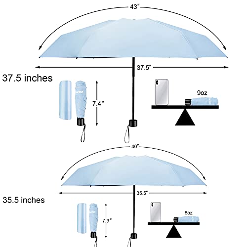 Image of TradMall Mini Travel Umbrella, 6 Ribs Portable Lightweight Compact Parasol with 95% UV Protection for Sun & Rain, Sky Blue