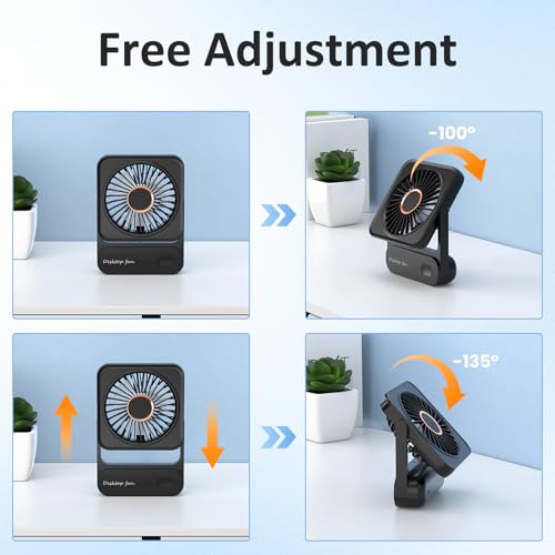 Tischventilator, USB Ventilator Akku von 12h Akkulaufzeit, Mini Ventilator Leise mit 3 Stufen, 135° Verstellbar, Ultraleise & Vibrationsfrei, Lüfter für Büro, Zuhause, Reise