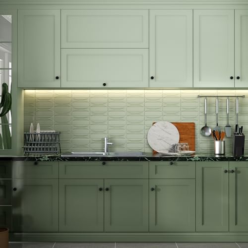 Bumoo Sage Green Peel and Stick Backsplash 12x12 10 Sheets Square Self-Adhesive Wall Tile Waterproof Vinyl Glossy Boho for Kitchen Bathroom Easy DIY Removable Backsplash Stickers