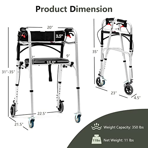 Goplus Walkers For Seniors, 4-In-1 Folding Walker With 5’’ Wheels, Detachable Seat, Height Adjustable Stand Up Walker, Medical Walking Mobility Aid, 350Lbs Rolling Walker For Adult Bariatric Handicap #TOP6