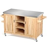 YITAHOME XL Solid Wood Outdoor Table and Storage Cabinet, 59.64’’L x 23.62’’W Movable Grill Table with Stainless Steel Top, Side Handle, Spice Rack for Outside, Patio Bar, Outdoor Kitchen Island