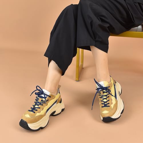 Image of BEAU TODAY Womens Chunky Sneakers, Walking Shoes for Women, Lace up Comfortable Platform Fashion Dad Sneakers Yellow Blue US Size 9