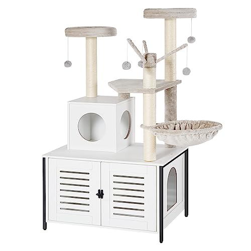 HOOBRO Cat Tree with Scratching Posts, Cat Tower Litter Box Enclosure Furniture for Indoor Cats, All-in-One Wooden Cat House Condo with Cat Hammock, Detachable Teaser Sticks, White BW14MZ03