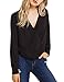Dohia Women's Casual V Neck Chiffon Blouses Long Sleeves Loose Tops Wrap Front Surplice Shirt C2614 (S, Black)