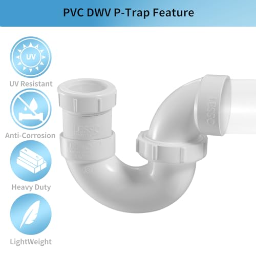 Image of LESSO PVC P Trap 1 1 /2 Inch | DWV PVC Fitting for RV Drain Bathroom Kitchen Sink Drain Pipe Tubular Kit with White Threaded Adapter Ring