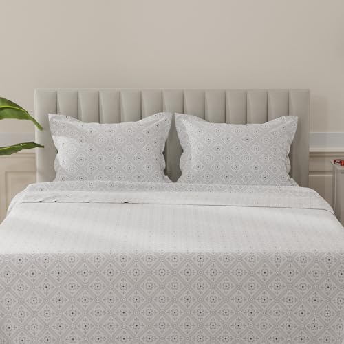 Image of Layers 100% Cotton Bedsheet for King Size Bed | Lumina Floret Collection | 144 TC Soft & Breathable | Printed with 2 Pillow Covers | Wrinkle Free & Colorfast | 3 Piece Bedding Set - Grey & White