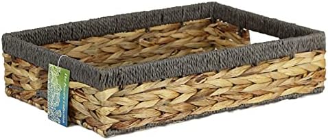 Shallow Rectangular Water Hyacinth baskets. Natural baskets light colour and with grey edges. Open trays for storage of paper, toys or books and magazines (37cm, Grey Edge)