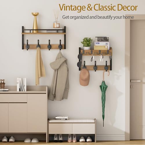 Image of 29 inch Coat Rack Wall Mount with Shelf, Entryway Wall Shelf with Hooks, Heavy Duty Coat Hanger Wall Mount with Key Holders and Mail Organizer for Living Room, Bedroom, Wooden Brown & Black