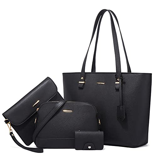 ZiMing 4-Pcs Handbags Set Women Vegan Leather Shoulder Bags Tote Dome Satchel Bag Clutch Wristlets Wallet Cross-body Bag for Minimalist Ladies-Black