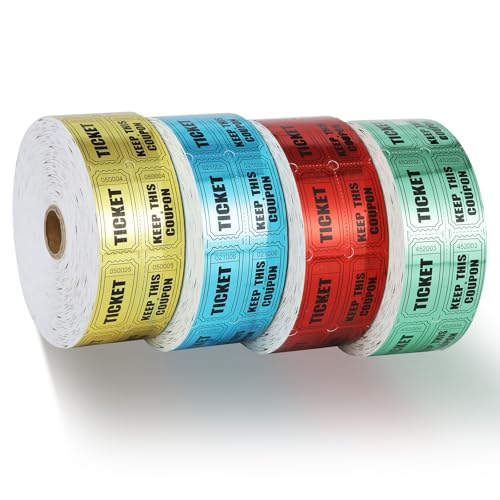 Ohiyoo 4000 Raffle Tickets, 4 Rolls Double Roll 50/50 Raffle Cards for Events, Carnivals, Door Prizes, Classroom Rewards, Entry, Bingo