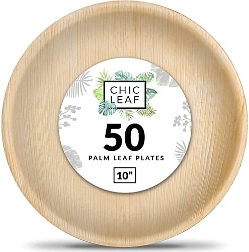 Chic Leaf Palm Leaf Plates Like Disposable Bamboo Plates 10 Inch Round (50 pack) - 100% Compostable Plates and Biodegradable Eco Friendly Party and Wedding Plates - Better than Plastic and Paper