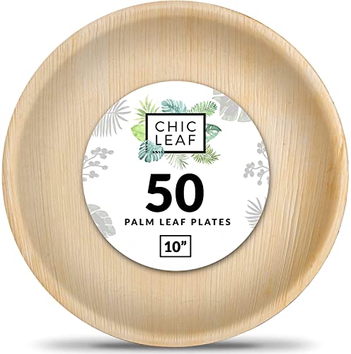 Chic Leaf Palm Leaf Plates Like Disposable Bamboo Plates 10 Inch Round (50 pack) - 100% Compostable Plates and Biodegradable Eco Friendly Party and Wedding Plates - Better than Plastic and Paper