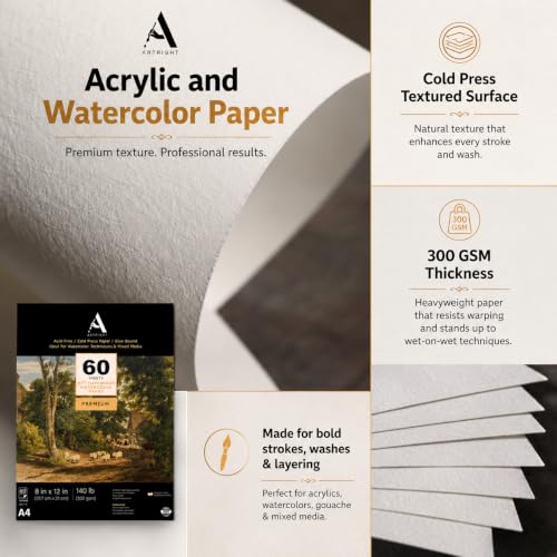 Image of ArtRight Artists' Acrylic Paper (A4 Pack of 60 Sheets, 300 GSM); 300 GSM Handmade Sheets for Gouache & Mixed Media (Papers for Acrylic & Gouache Media)