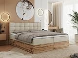 MKS MEBLE Boxspringbett Albero 1-140x200 cm mit Bettkasten, Kontinentalbett/Doppelbett, 2X 7-Zonen Taschenfederkern-Matratze H4, Topper Visco, Kopfteil, Beige Velvet Holzoptik Wotan Eiche