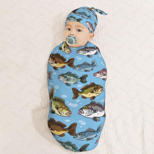 Image of Watercolor Bass Fishes Newborn Swaddle Blankets Hat Sets Soft Baby Receiving Blanket Swaddle Sack for Baby Shower Infant Boy Girl Gift