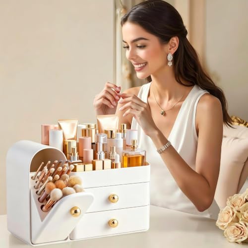 Image of HBlife Makeup Organizer Countertop with Drawers, Vanity Organizers with Brush Holder, Bathroom Counter Organizer for Perfume, Nail Polishes, Lipsticks, Skincare and Eyeshadow Palettes, White