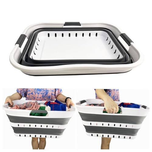 Image of SAMMART 42L (11 gallon) Collapsible Plastic Laundry Basket - Foldable Pop Up Storage Container /Organizer - Space Saving Hamper /Basket (1, White /Steel Gray)