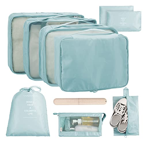 Daover Koffer Organizer Set, 10 Stück Wasserdichte Kofferorganizer Packtaschen Reisegepäck, Packing Cubes, Kleidertaschen, Schuhbeutel, Kosmetiktasche, Suitcase Organizer für Urlaub, Reisen (Hellblau) Cover