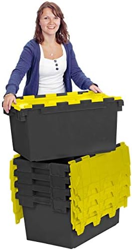 Pack of 2 - Large Plastic 80 Litre Heavy Duty Storage Boxes (71 x 46 x 36.8cm) Plastor Black and Yellow LC3 Crates with Attached Hinged Lids