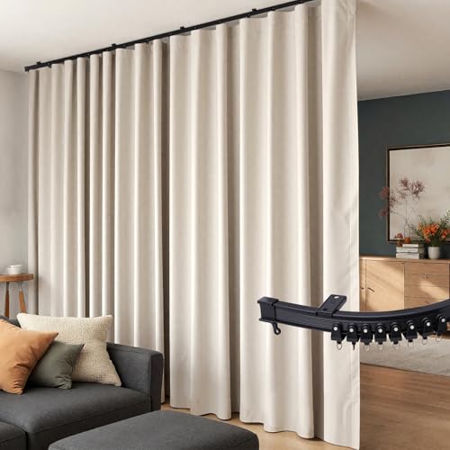 Room Divider Curtains Flexible Ceiling Tracks Set Curtain Track Ceiling Mount Blackout Curtain for Living Room Bedroom Ceiling Curtain Rod Privacy Dividers Panels W120 x H120 Beige Drape & Black Rail