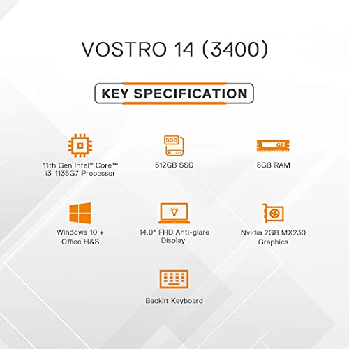 Image of DELL Vostro 3400 14 inches FHD Anti Glare Display Laptop /Intel i5-1135G7 / 8GB / 512 SSD /Nvidia 2GB MX330 Graphics /Windows 10 + Office H&S /Dune Color D552156WIN9DE, 1.64kg