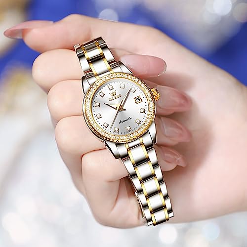 Image of OLEVS Womens Automatic Watch Gold Luxury Diamond Self Winding Ladies Wrist Watches Waterproof Luminous Date