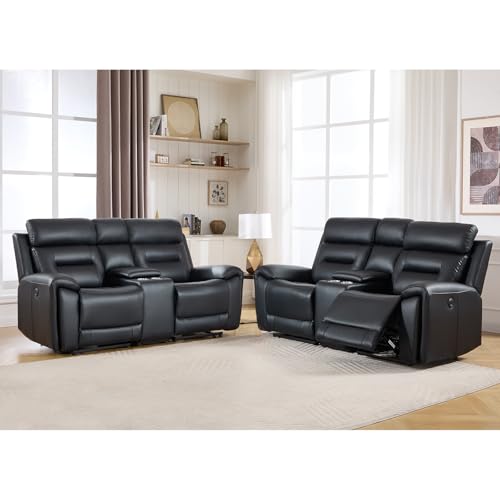 Image of ANJ Oversized Power Reclining Loveseat Sofa Set of 2 with USB&Type-C Charging Port, Breathable Faux Leather 2-Seater Electric Recliner Couch with Cup Holders & Storage Console for Living Room, Black
