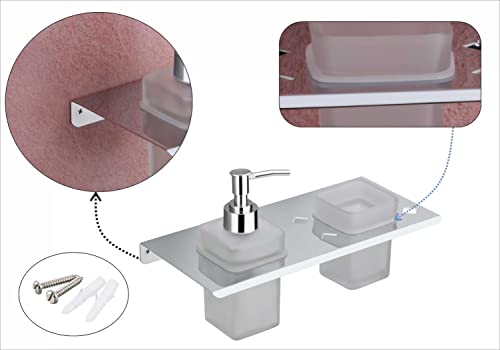 Image of Stainless Steel Toothbrush Holder with Glass Tumbler & Liquid Soap Dispenser Set - Wall Mounted 2-in-1 Bathroom Organizer, Chrome Finish (Square /Frosted Glass) (E 3612)