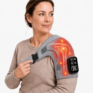 Schulter Massagegerät 3-in-1mit Wärme und Vibration, 5 Stufen, LED-Display, 2000-mAh-Akku, beheizbare Schulterbandage mit festem Bedienfeld und verstellbarem Klettgurt für Zuhause und Büro