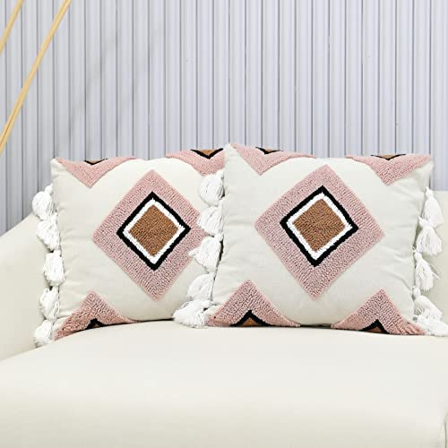 18 X 18 Inches Pack Of 2 Woven Tufted Boho Throw Pillow Cover, Modern Decorative Geometric Cushion With Tassels, Farmhouse Tribal Pillowcase For Couch Sofa Bedroom Living Room, Cream Blush Tan #TOP5