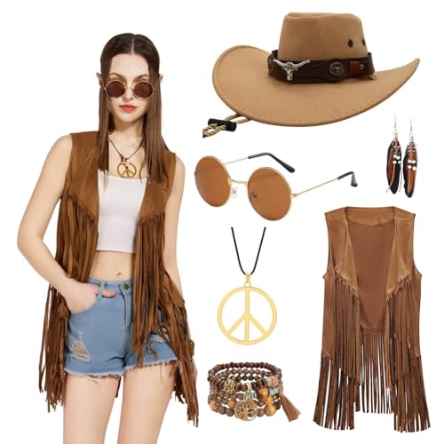 Ginkago Hippie Kostüm Set Cowgirl Western Outfit mit Fransenweste Hippie Ohrringe Brille Boho Armband Halskette Mode 60er 70er Jahre Bekleidung für...