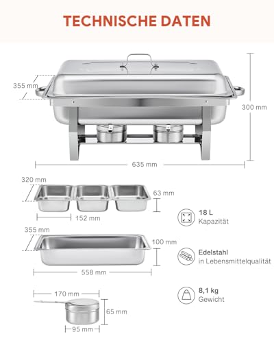 Wilprep Chafing Dish Edelstahl 9L Buffet-Set Warmhaltebehälter Speisenwärmer Wärmebehälter Rechaud für Catering, Buffet und Party (2 Set 3x1/3 GN-Behälter) – Bild 8