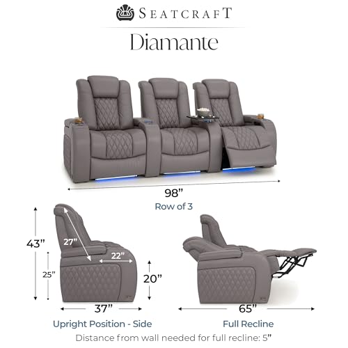 Image of Seatcraft Diamante Gray Italian Leather Home Theater Seating, Zero Gravity Power Recliner Gaming and Home Office Chair, Powered Headrest Lounge Sofa Furniture for Cinema Room, Row of 3