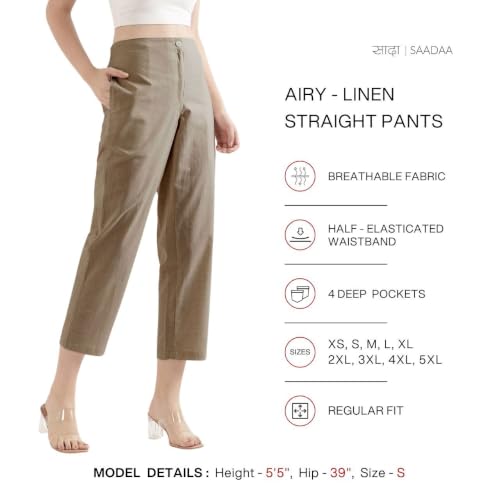 Image of SAADAA Women's Airy Linen Straight Pants | Regular Fit Trousers | Half Elasticated with Drawstrings & Buttons | 4 Pockets | Everyday & Office Wear