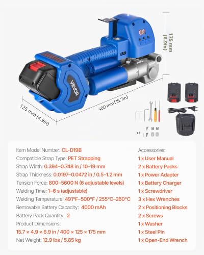 VEVOR Umreifungsgerät, 2 x 4000 mAh Akku, Umreifungsmaschine mit Digitalanzeige für 10–19 mm breite PET-Bänder, Bandverpackungsmaschine für ideal für Fabriken, Lagerhallen, & Logistikzentren