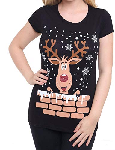 Image of STAR FASHION Christmas Short Sleeve Tops for Women Festive Xmas Rudolph Santa Red Nose Print T-Shirt-Reindeer-Wall-Black-20-22