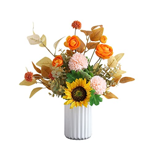 Ramo de flores artificiales Flores falsas Hermosas flores artificiales con jarrón de cerámica Adecuado para la decoración de la boda del hogar Ramo de otoño Conjunto de flores falsas Flores artif