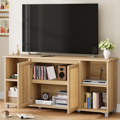 Garvee 70 in Mid-Century Modern TV Stand with Rattan Doors - Entertainment Center for 70 in TV, 2 Storage Cabinets & 3 Open Shelves, Media Console for
