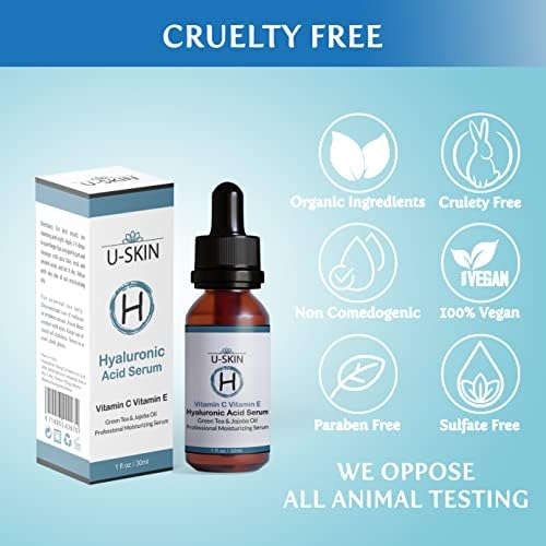 Hyaluronic Acid, U-SKIN Face Serum with Vitamin C, Vitamin E and Green Tea, Plant-Powered Anti-Aging Facial Skin Care, Best for Firming, Hydrating, Moisturizing, Plumping Fine Lines.