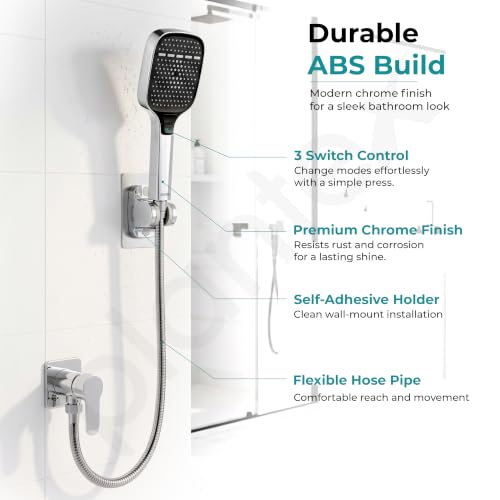 Image of Plantex Bathroom Hand Shower Full Set /3 Mode Handheld Shower with 1.5m Hose Pipe & Self-Adhesive Shower Holder /ABS Shower for Bath - (Chrome, Combo)