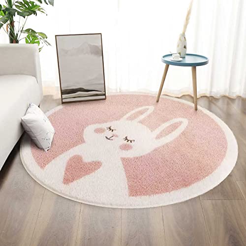 Kids Play Mat 4Ft, Animal Round Soft Plush Non-Slip Area Rug Kids Nursery Door Mat Childrens Carpet for Bedroom Living Room Kids Room Playroom Decor, Pink Rabbit