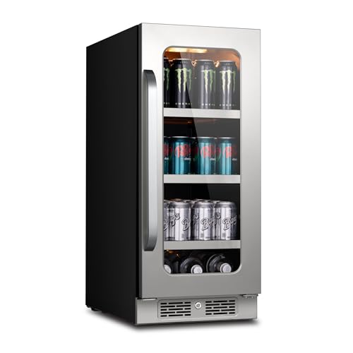 15 Inch Beverage Refrigerator 80 Cans Small Beverage Fridge, Drink Fridge with Glass Door 3 LED 34-54 ℉ Beverage Cooler Built-in or Freestanding Adjustable Shelves for Home/Kitchen(3.0 cu.ft)