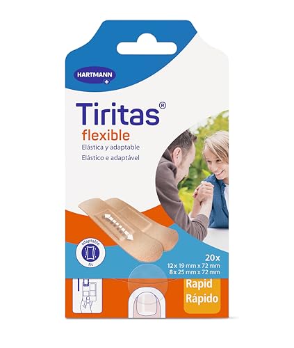 Tiritas Flexible Rapid: Apósitos ideales para zonas con movilidad; Resistentes, transpirables y flexibles; El packaging permite su fácil y rápida extracción; 2 tamaños; 20 unidades.