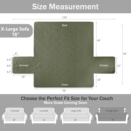 Image of Olive Green Quilted Couch Cover with Pockets for Extra-Large Sofa, Anti-Slip Sofa Covers for Dogs Washable, Pet Friendly Oversized Sofa Cover Water-Repellent (X-Large Sofa 78 inch, Olive Green)