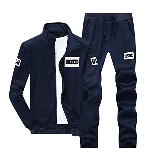 Chandal Tallas Grandes para Hombre Completo Gimnasio Casual Conjuntos 2 Piezas Deportivos Chaquetas + Pantalones Azul Marino 4XL