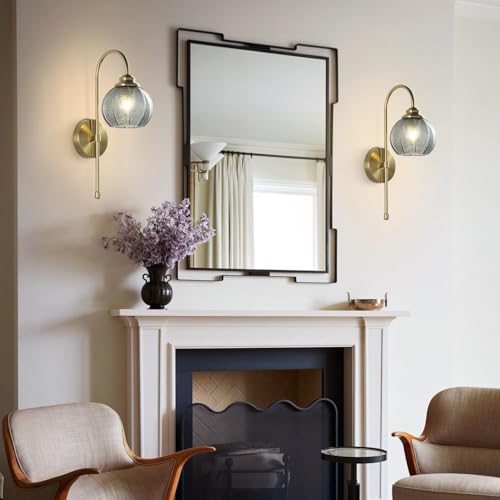 Image of KCO Lighting Brushed Gold Wall Sconce Set of Two Vintage Smoked Glass Wall Lights Mid Century Bathroom Light Sconces Set of 2 Modern Globe Wall Sconce Long Arc Wall Light