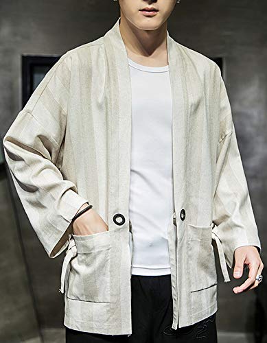 Hotmiss Men\'s Linen Striped Kimono Cardigan Noragi Street Jacket Japan Yukata Coat (Medium) Beige